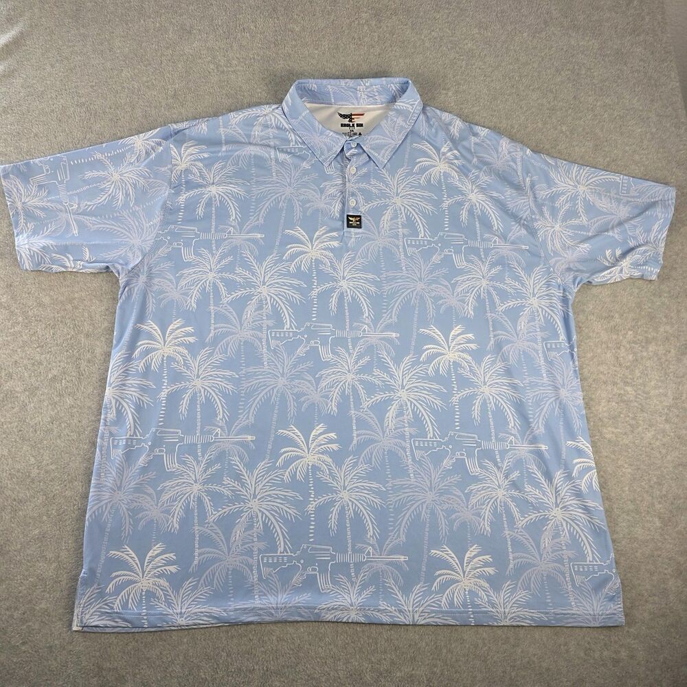 Eagle Six Gear Polo Shirt Mens 3XL Blue White Palm Tree Rifle Print NWOT